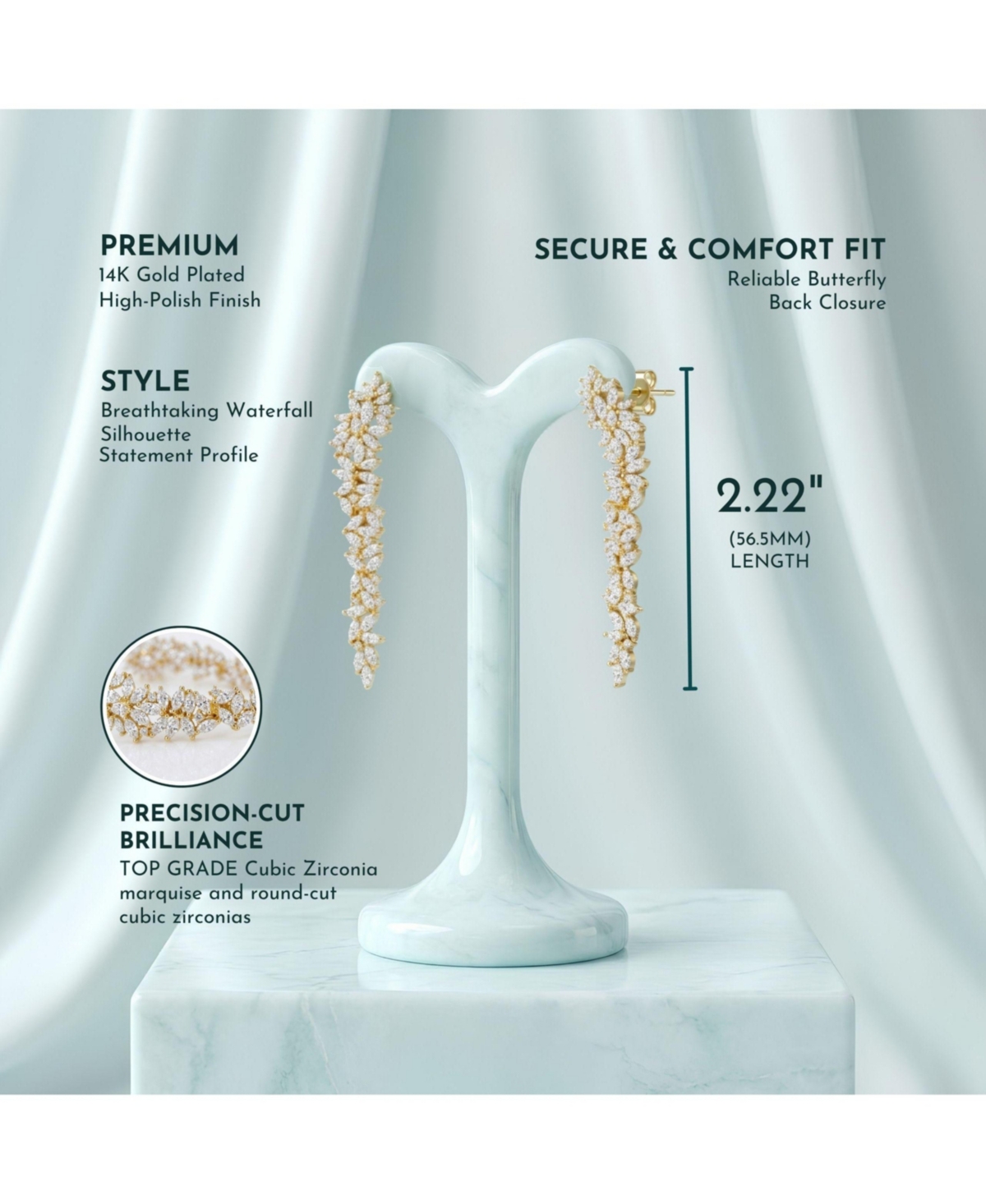 14k Gold Plated Cubic Zirconia Waterfall Cluster Linear Earrings