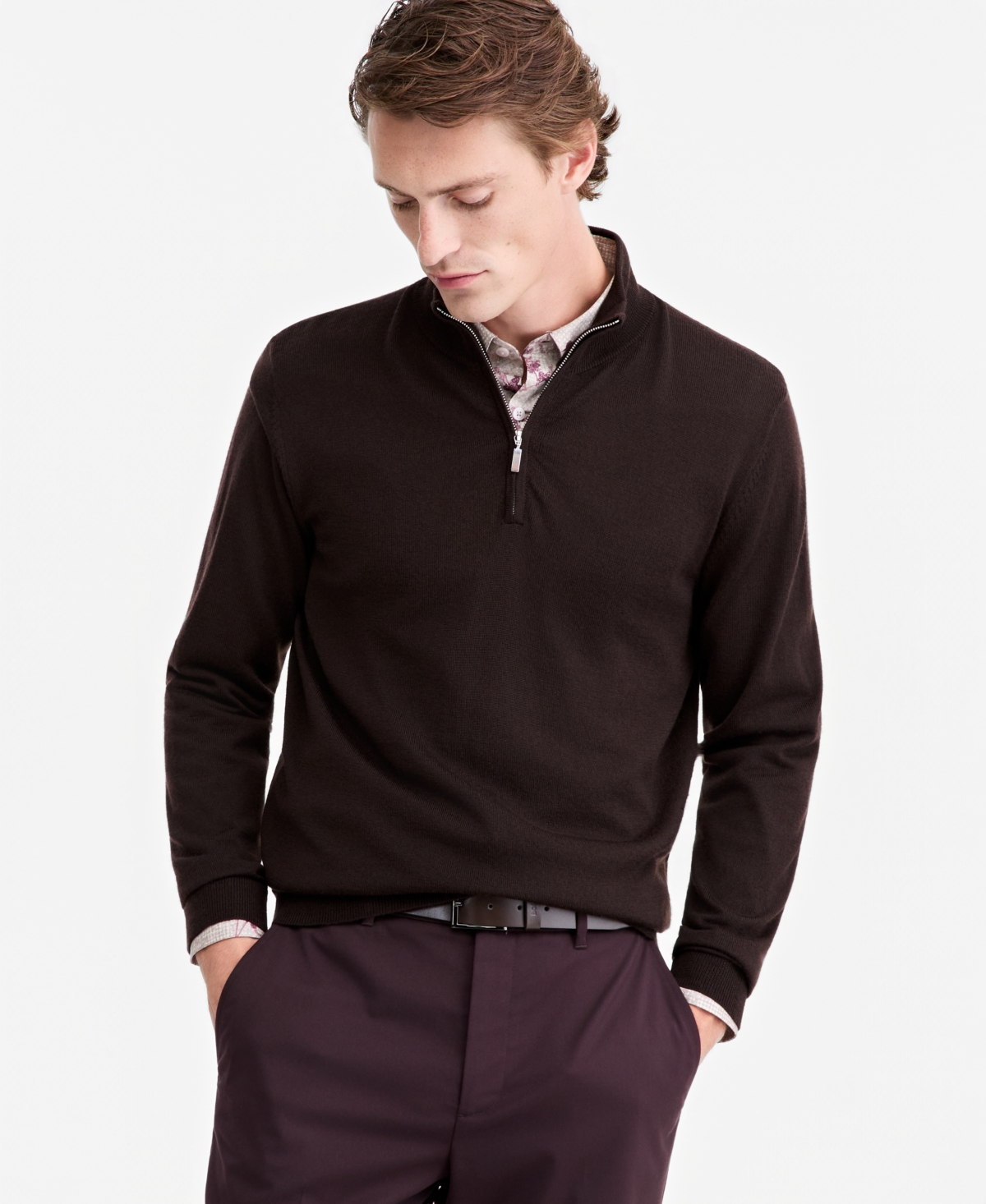 Alfani Men's Merino Wool Quarter-zip Mock-neck Sweater, Macy's Exclusive In Cocoa Bean