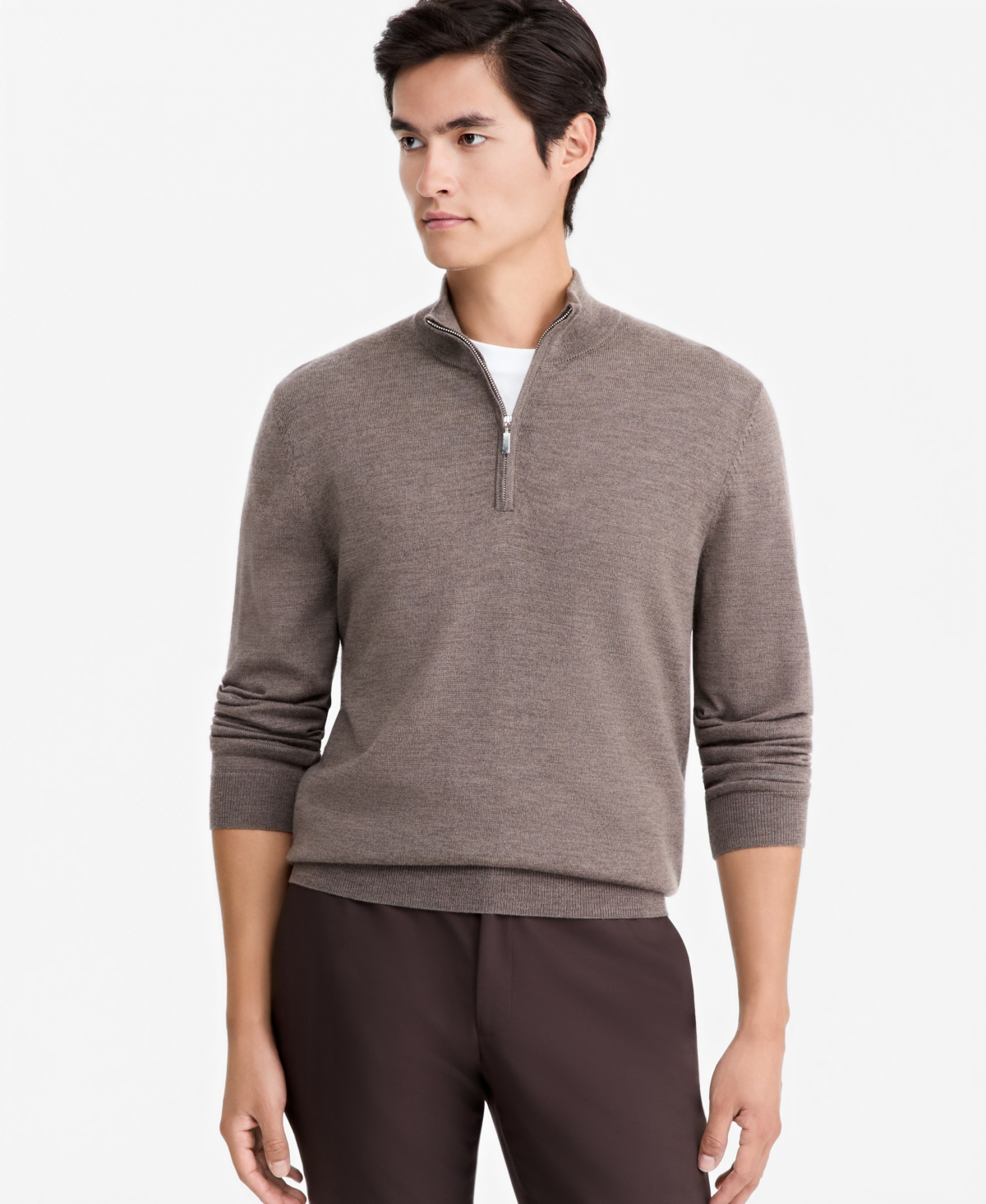 Alfani Men's Merino Wool Quarter-zip Mock-neck Sweater, Macy's Exclusive In Dark Tiramisu Hthr B2665