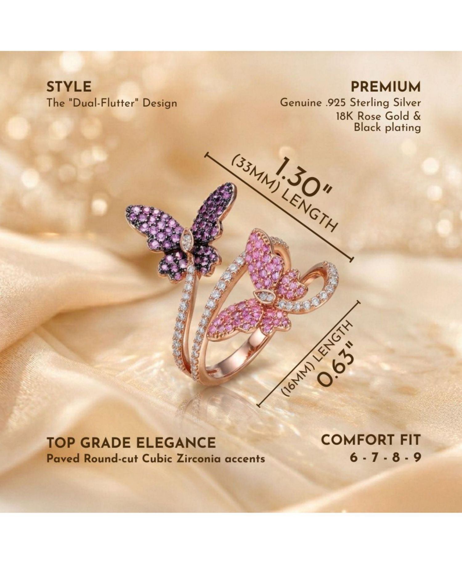 Chic 18K Rose Gold and Black Plated CZ Butterfly Statement Ring