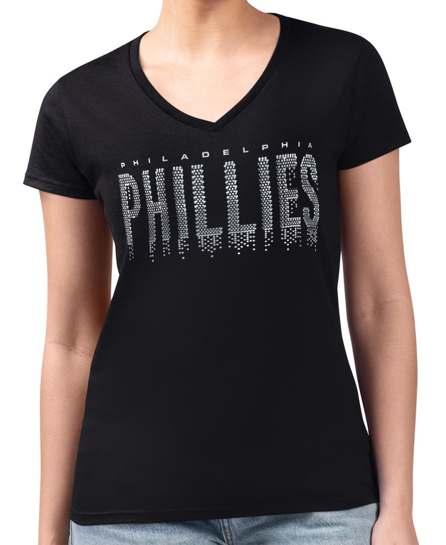 Women's Black Philadelphia Phillies Metallic Drop Lightweight V-Neck T-Shirt