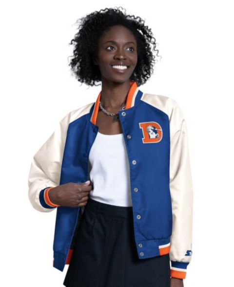 Женские куртки Starter Women's Blue/White Denver Broncos Raglan Blitz Full-Snap Varsity Jacket