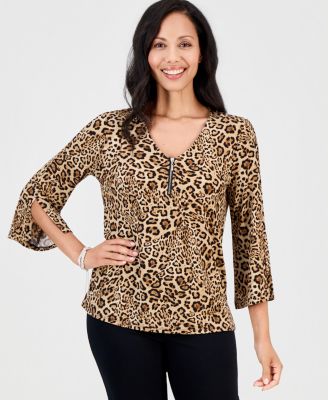 Women's Printed 3/4-Sleeve Zip-Front Top