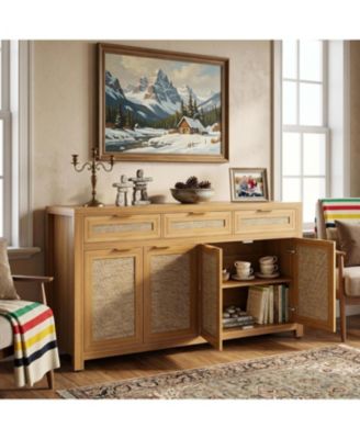 63 Inch Sideboard Buffet Cabinet, Rattan Farmhouse Credenza Storage Cabinet with Doors, Drawers and Adjustable Shelves, Sideboard Cabinet