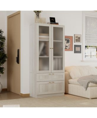 Modern 2-Door 2-Drawer Storage Cabinet - Frosted Glass Door Wooden Shelf with Gold Handles |Organizer for Living Room and Hallway