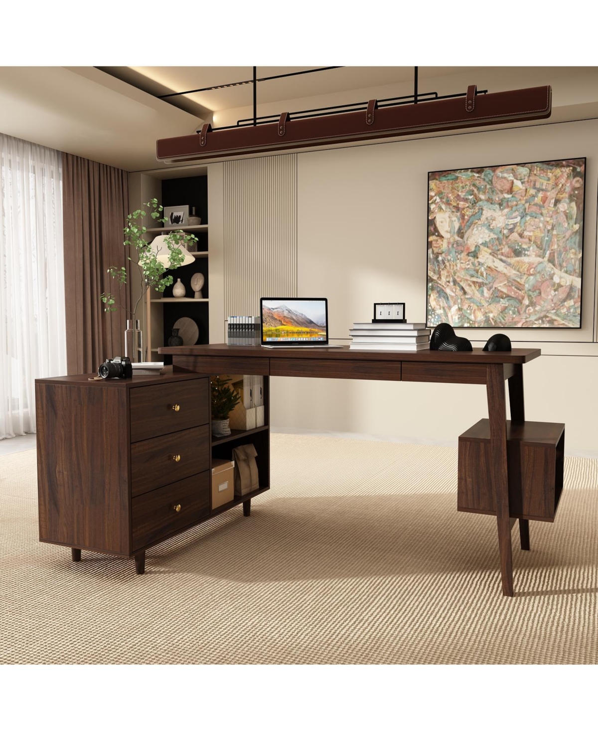 Homsee L-Shaped Desk with Storage - 55-Inch Corner Computer Desk with Drawers and Shelves | Adjustable Wood Office Desk in Walnut Finish