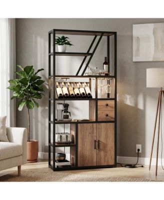LED RGB Bar Cabinet with Built-in Outlets and USB Ports, Wine and Glass Storage, Adjustable Shelving - Industrial Retro Coffee Bar Organizer