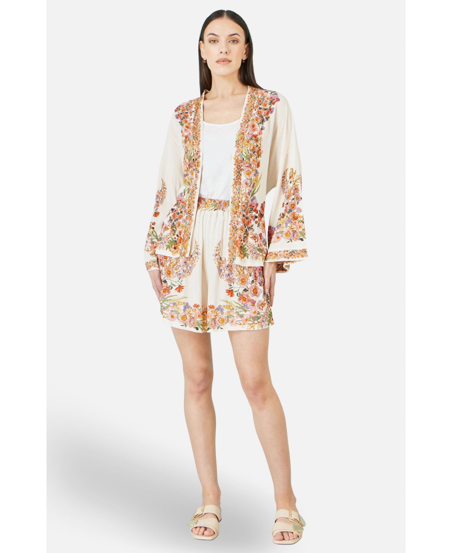 Women's Viscose Floral Border Belted Jacket
