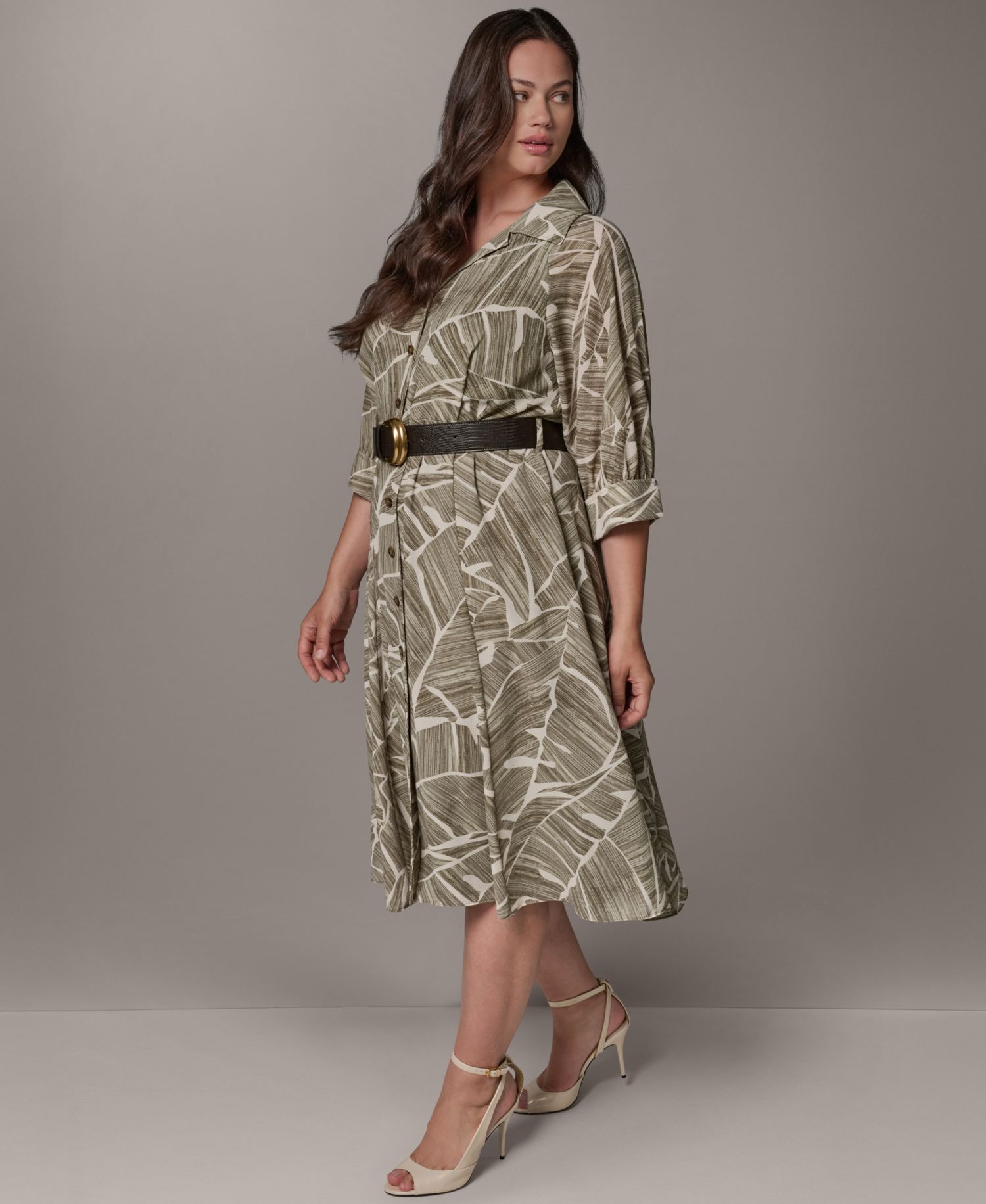 Plus Size Printed 3/4-Length-Sleeve Belted Midi Shirt Dress