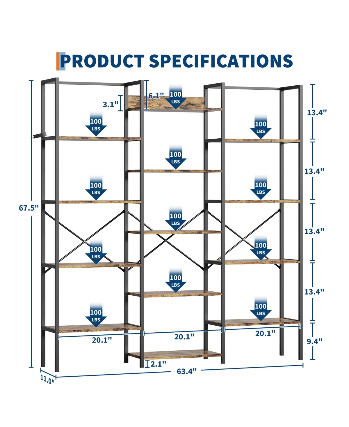 homfan 3-Column 14-Shelf Open Bookshelf, Adjustable Steel Frame Storage Rack with Anti-Tip Bracket, Fast Assembly Home Office Display Organizer