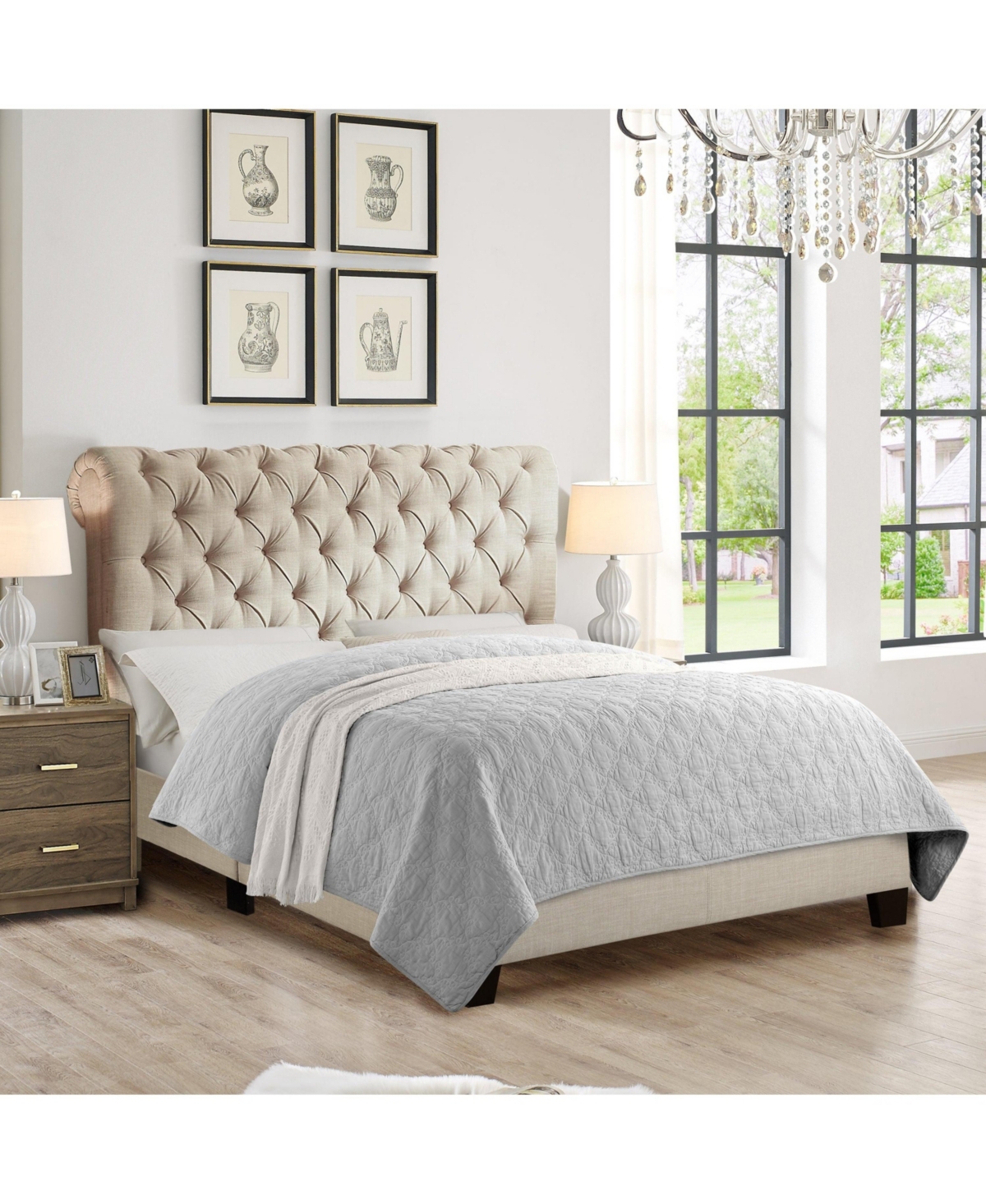 Boyel Living Luxury Upholstered Bed Frame with Tufted Headboard Platform Bed with Solid Wood Frame