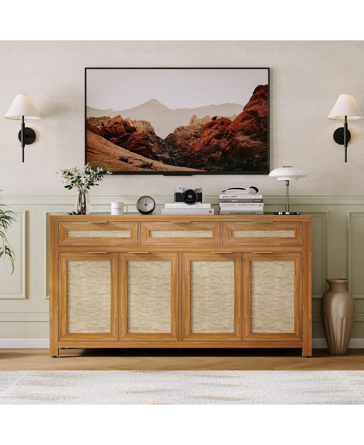 homfan 63 Inch Farmhouse Rattan Sideboard Credenza, Storage Buffet with 3 Drawers, 4 Doors and Adjustable Shelves for Home Organization