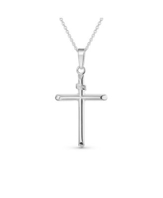 Religious Cross Pendant Necklace Minimalist Simple Tube Style .925 Sterling Silver 1.75 inch
