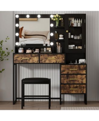 Vanity Desk with Mirror and Lights, Girls Vanity Table with Chair, Charging Station, Drawers and Shelves for Bedroom, Living Room