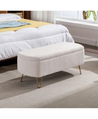 Storage Ottoman Bench for End of Bed Gold Legs Modern Grey Faux Fur Entryway Bench Upholstered Padded