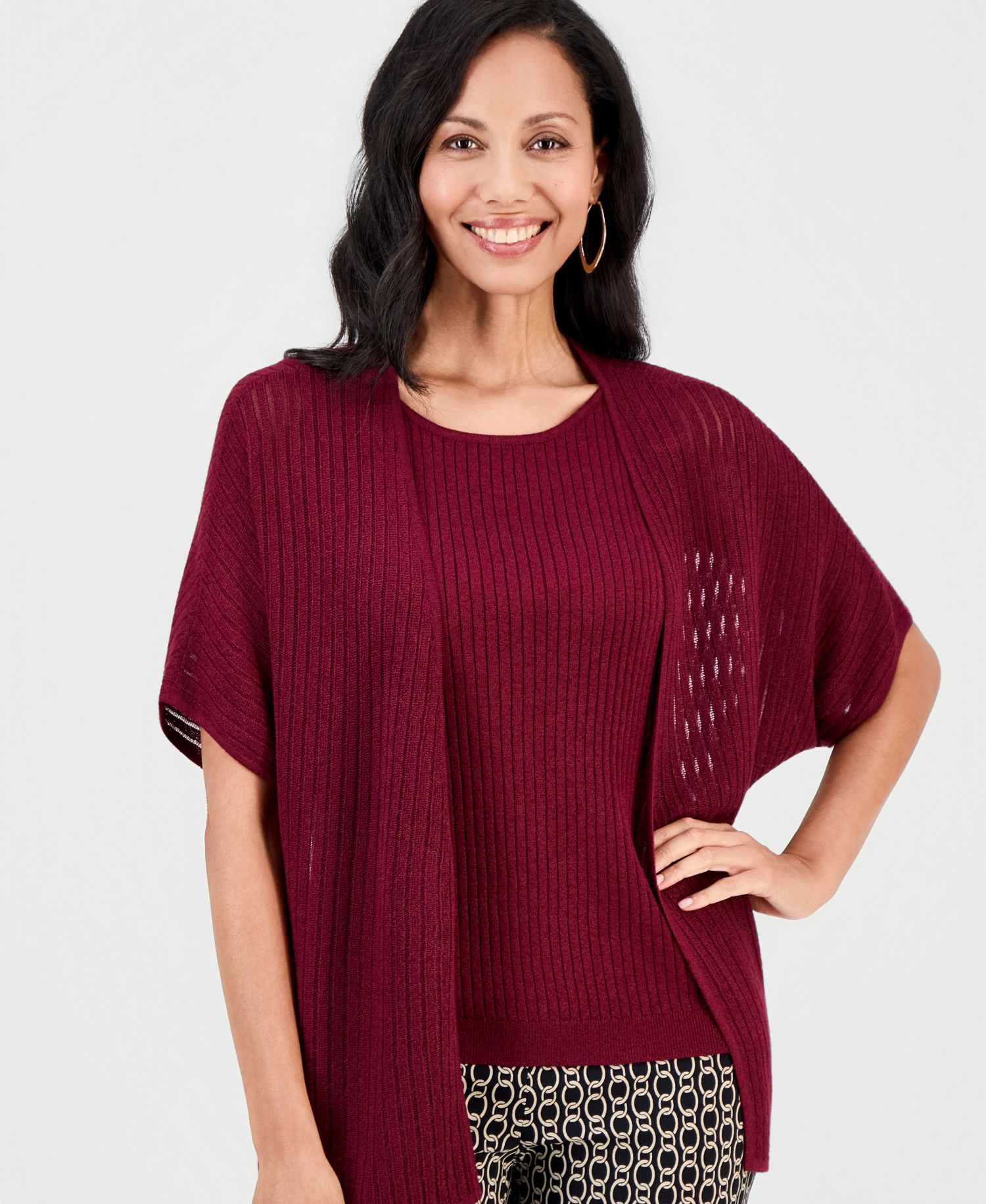 Women's Sparkle Pointelle Open-Front Cardigan