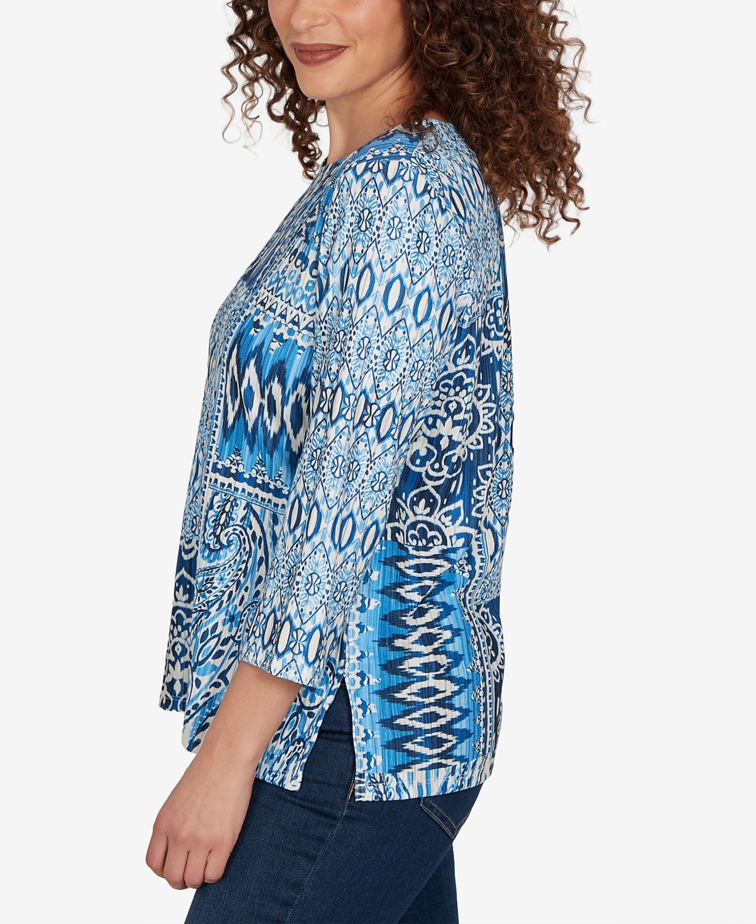 Women's Medallion Navy Patchwork Knit Top