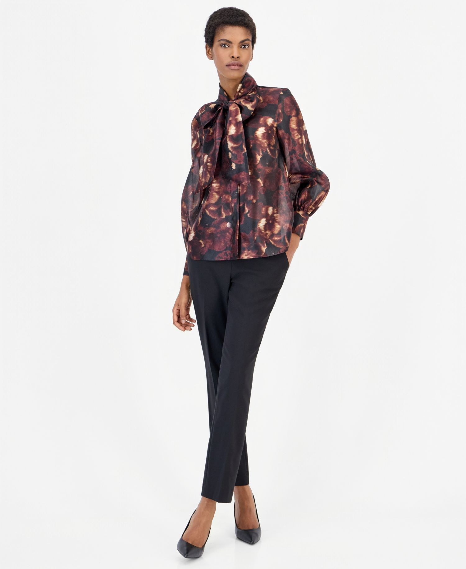 Women's Bow Neck Long Sleeve Floral Blouse