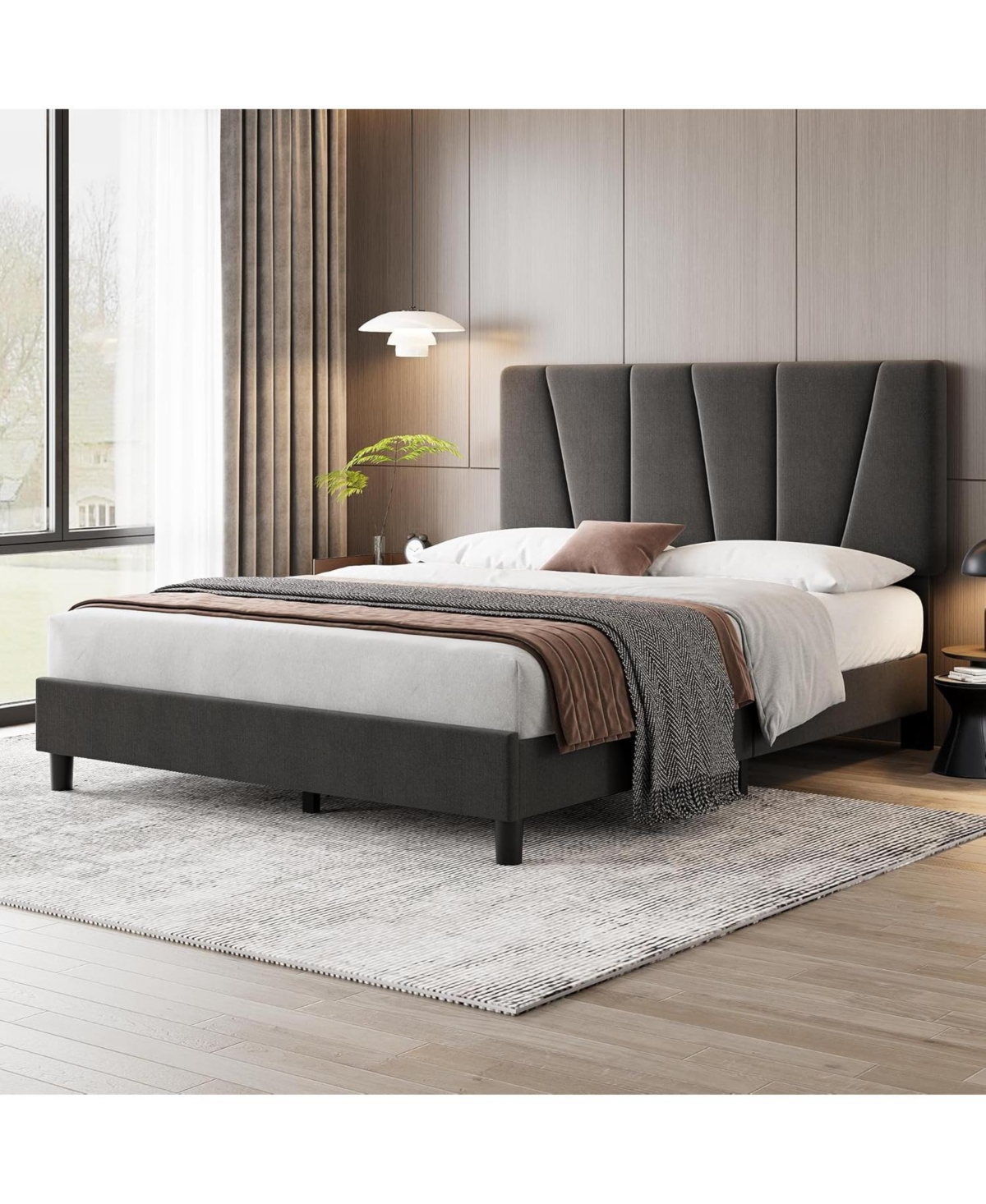gaomon Bed Frame with Adjustable Headboard, Linen Upholstered Platform Bedframe with Strong Wooden Slats, Mattress Foundation