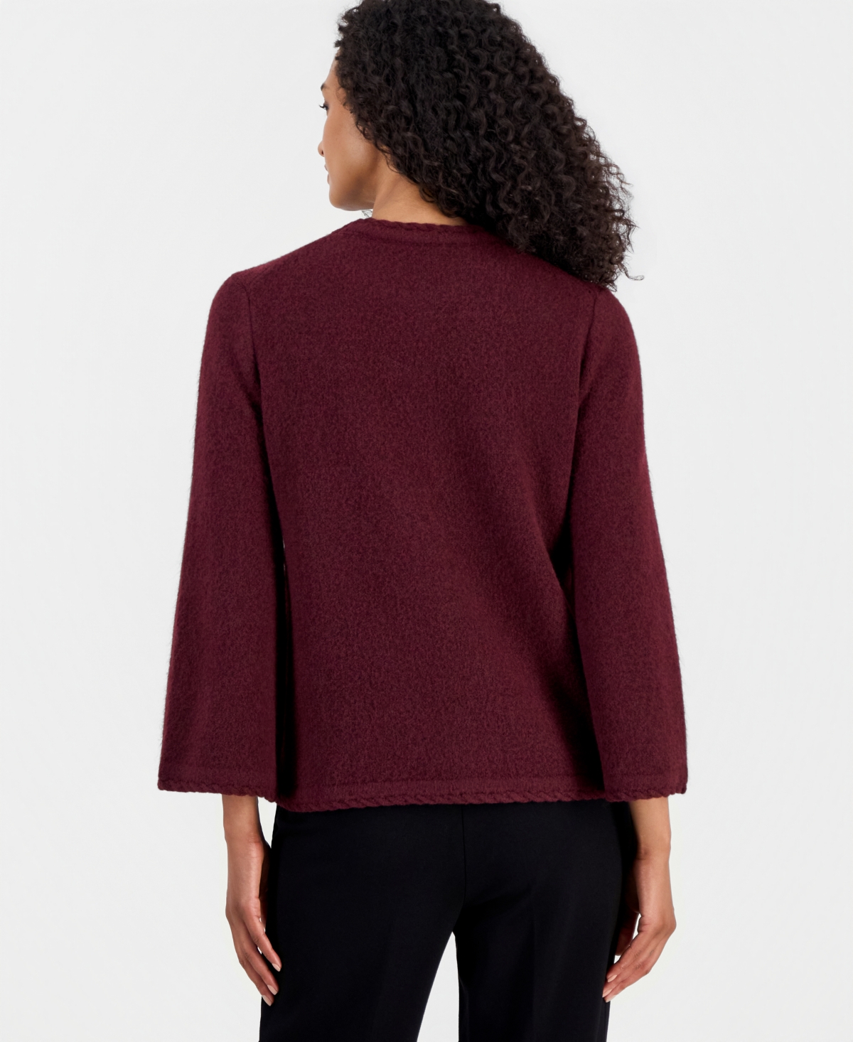 Anne Klein Women's Braided-Trim Long-Bell-Sleeve Sweater