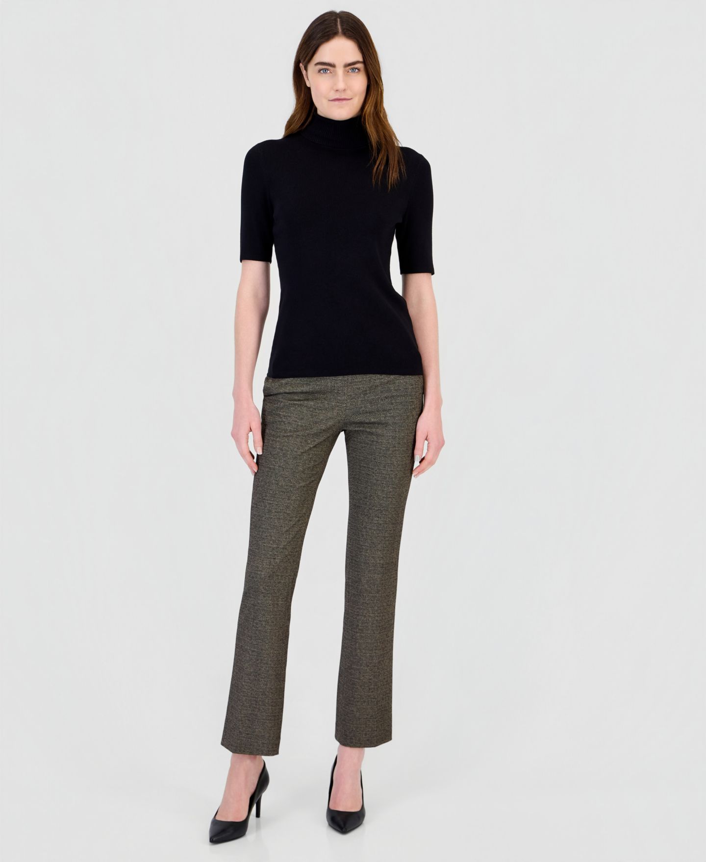 Женский свитер Anne Klein Petite Half-Sleeve Ribbed-Knit Fitted Turtleneck, цвет: Чёрный — фото 2