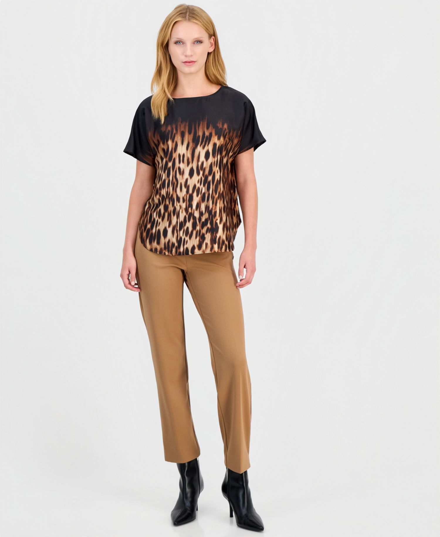 Petite Leopard-Print Bateau Neck Short-Sleeve Blouse