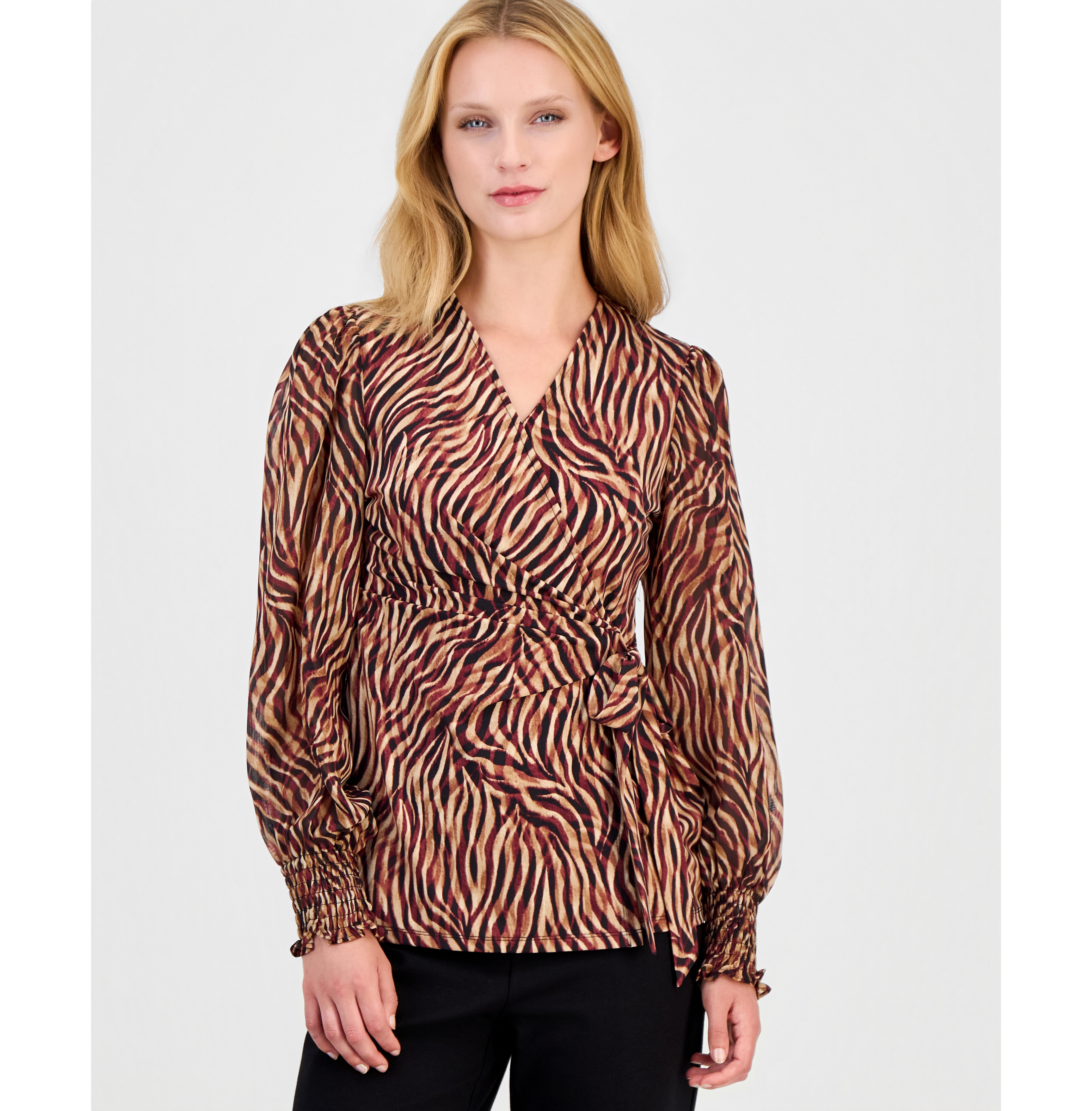 Anne Klein Women's Mixed Media Faux-Wrap Chiffon Blouse