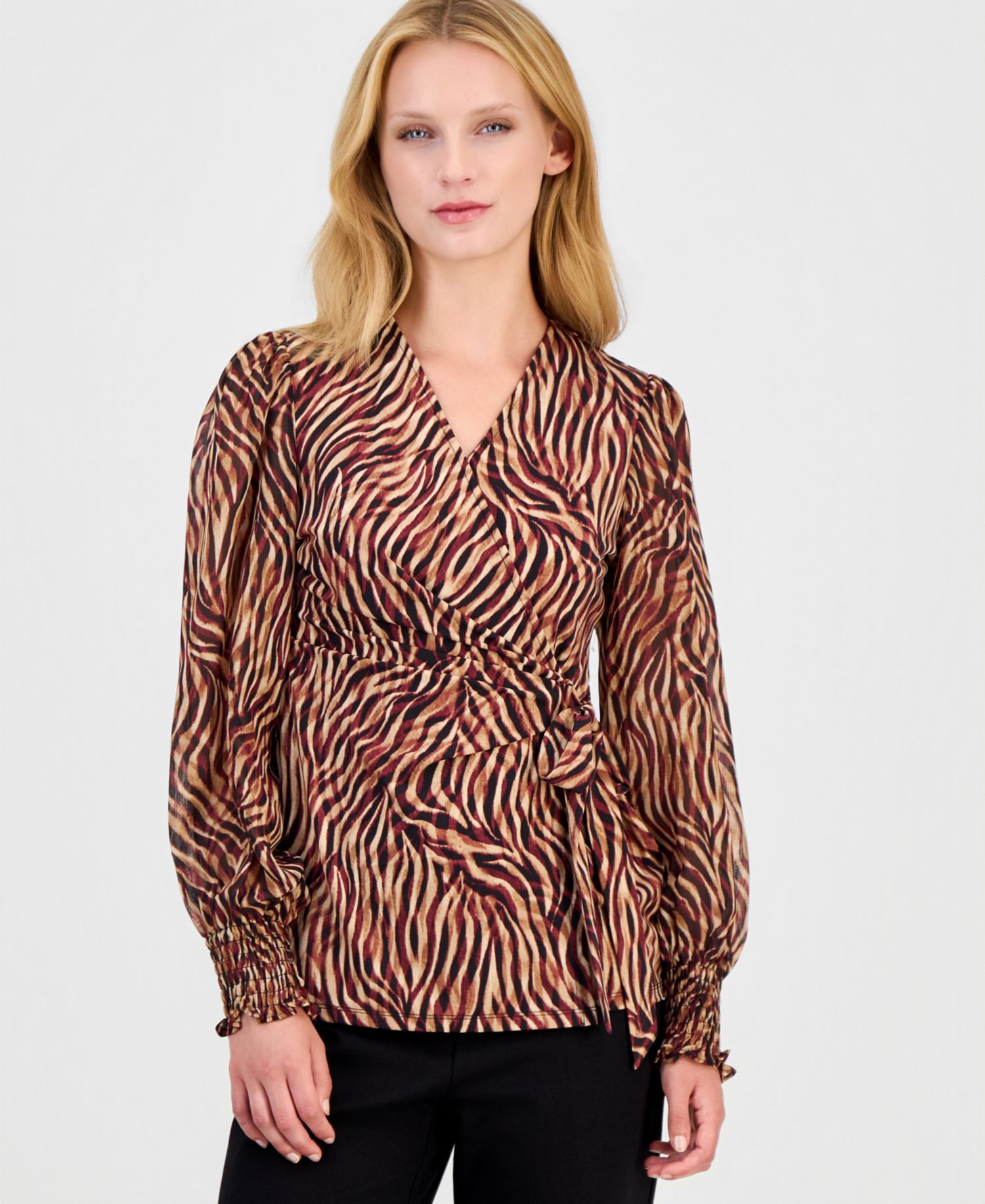 Women's Mixed Media Faux-Wrap Chiffon Blouse