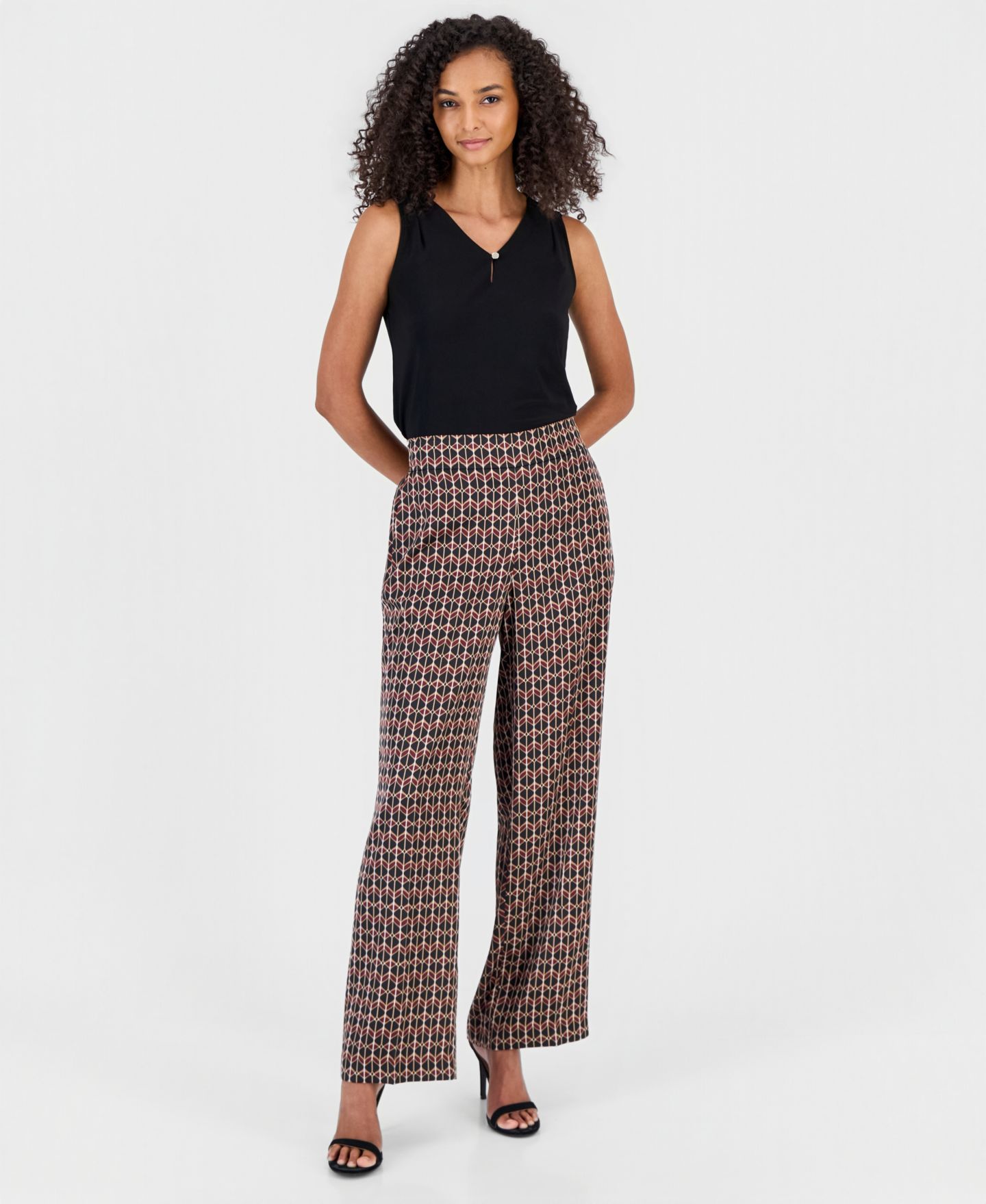 Женские брюки Anne Klein High Rise Pull-On Wide Leg, цвет: Чёрный разноцветный — фото 3