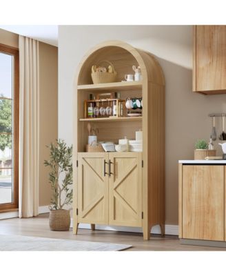 Arched Kitchen Pantry Cabinet with Doors, 5-Tier Open Display Shelf with Nice Texture, Farmhouse Storage Cabinet for Kitchen, Living Room