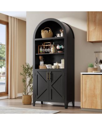 Arched Kitchen Pantry Cabinet with Doors, 5-Tier Open Display Shelf with Nice Texture, Farmhouse Storage Cabinet for Kitchen, Living Room