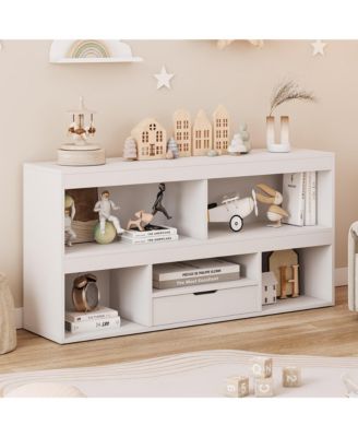 2-Tier Wooden Bookcase with 5 Cubbies and 1 Drawer, Modern Toy Storage Organizer for Playroom, Nursery and Bedroom
