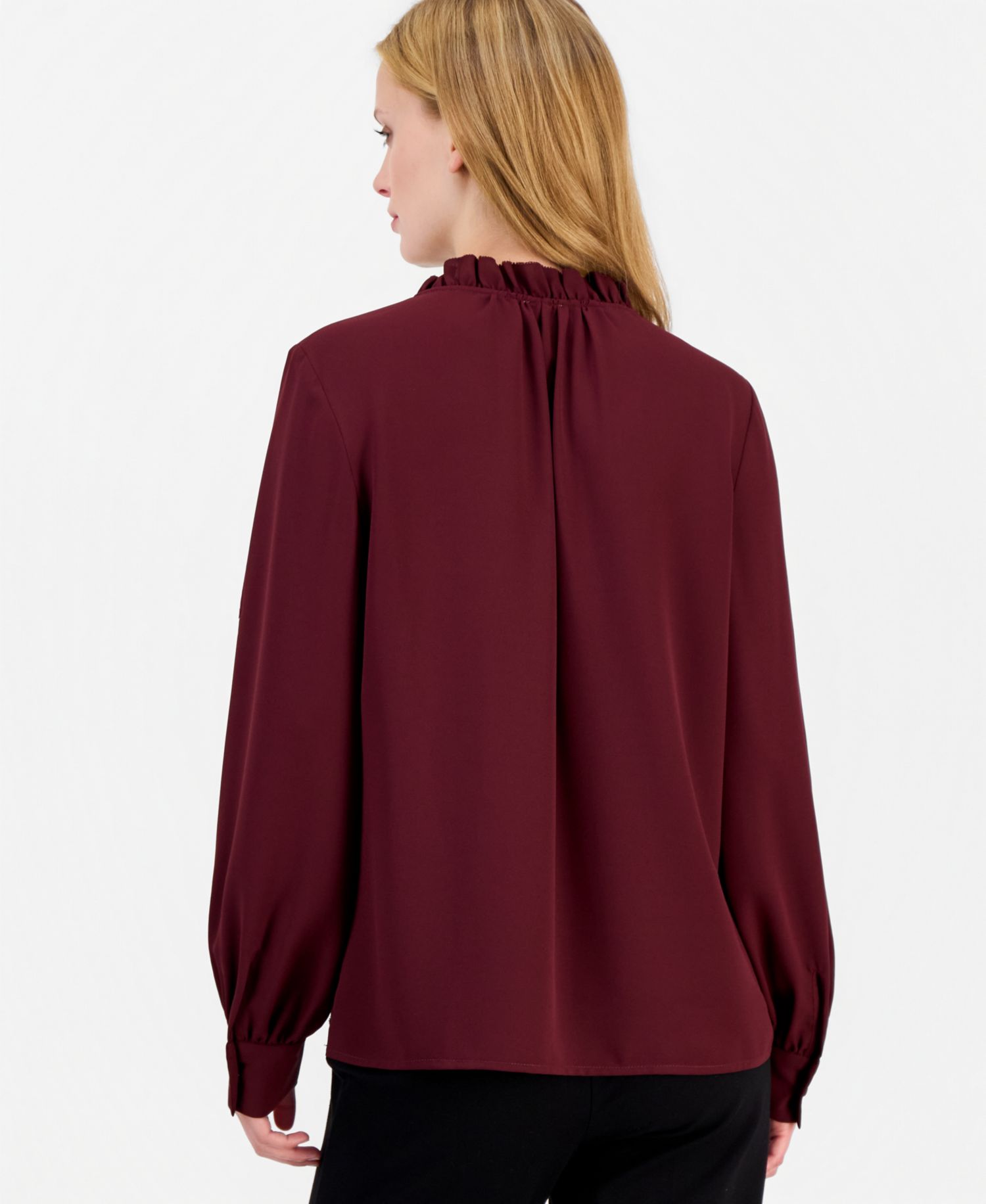 Petite Long-Sleeve Keyhole-Neck Ruffle Blouse