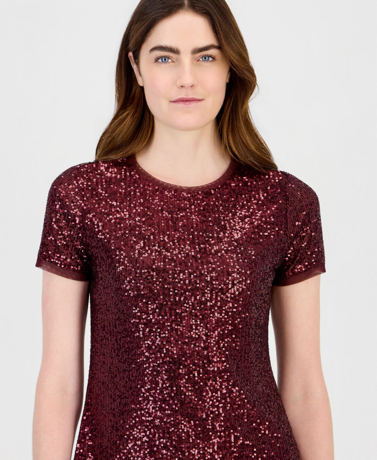 Женский свитшот Anne Klein с круглым вырезом, пайетками и коротким рукавом, цвет: Barolo — фото 2