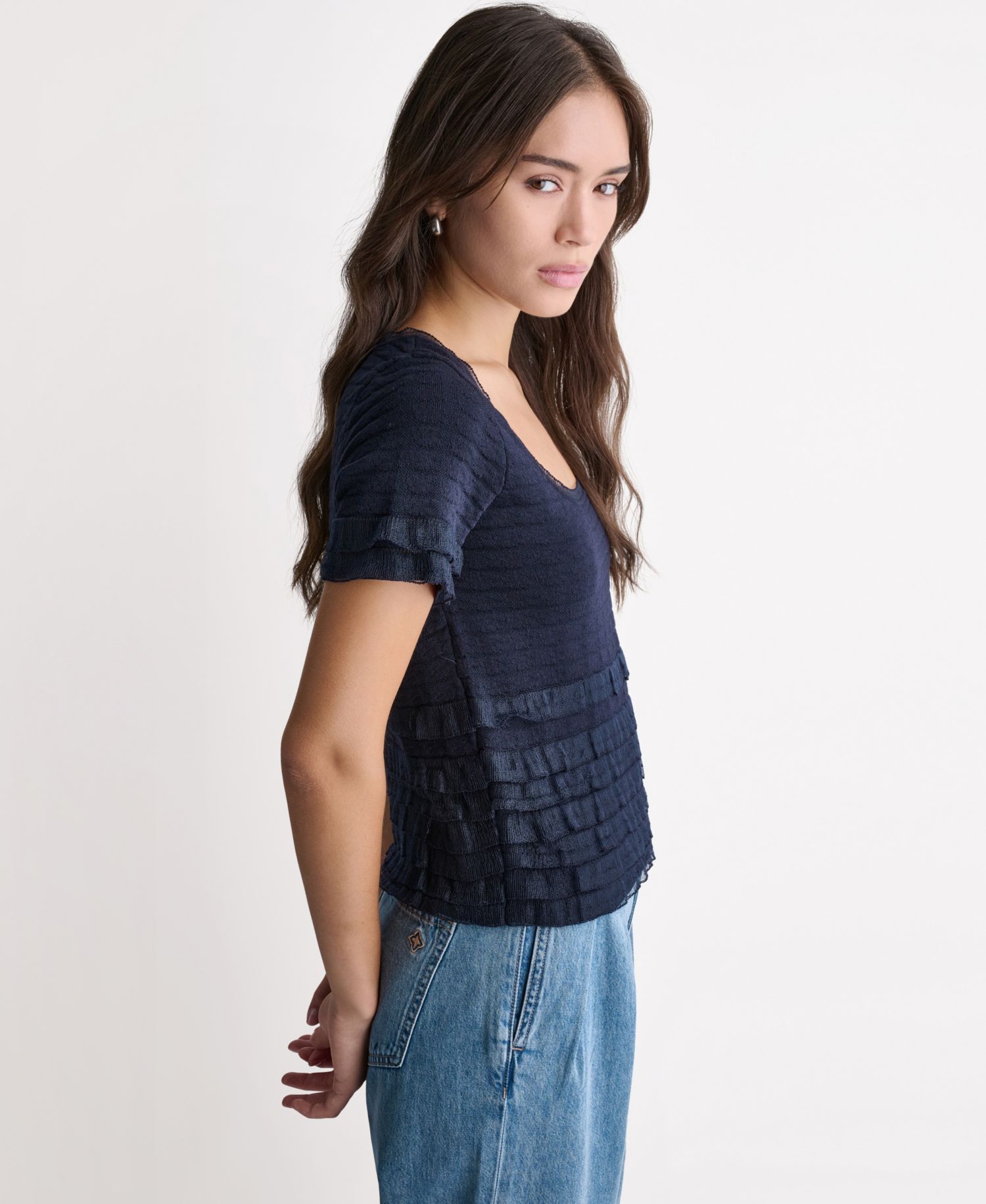 Women's Pointelle Ruffle Short-Sleeve Sweater