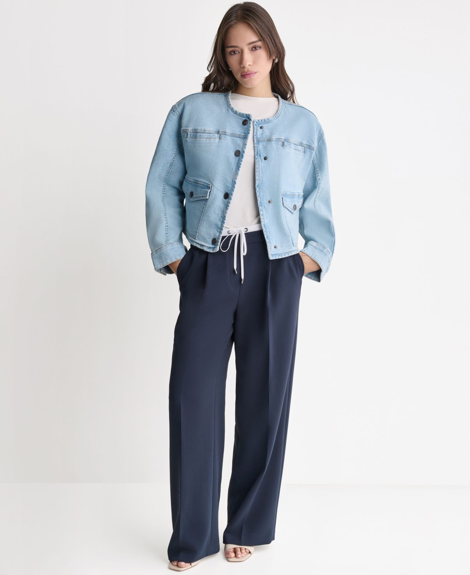 Women's Boxy Crewneck Button-Front Denim Jacket