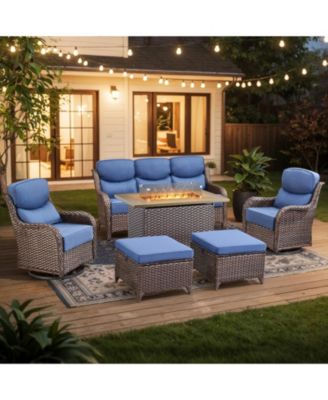 Outdoor Patio Furniture Set 6Piece Wicker Patio Conversation Set with Fire Pit, Swivel Chairs Sofa and Ottomans with 6 Thick Cushion