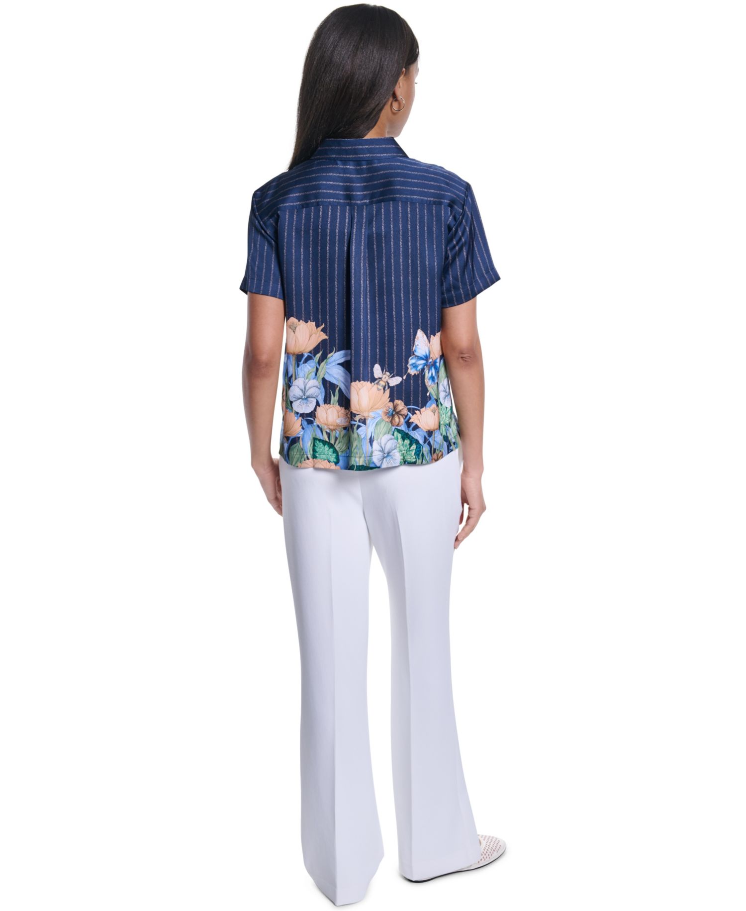 Petite Striped Floral Printed Button-Up Blouse