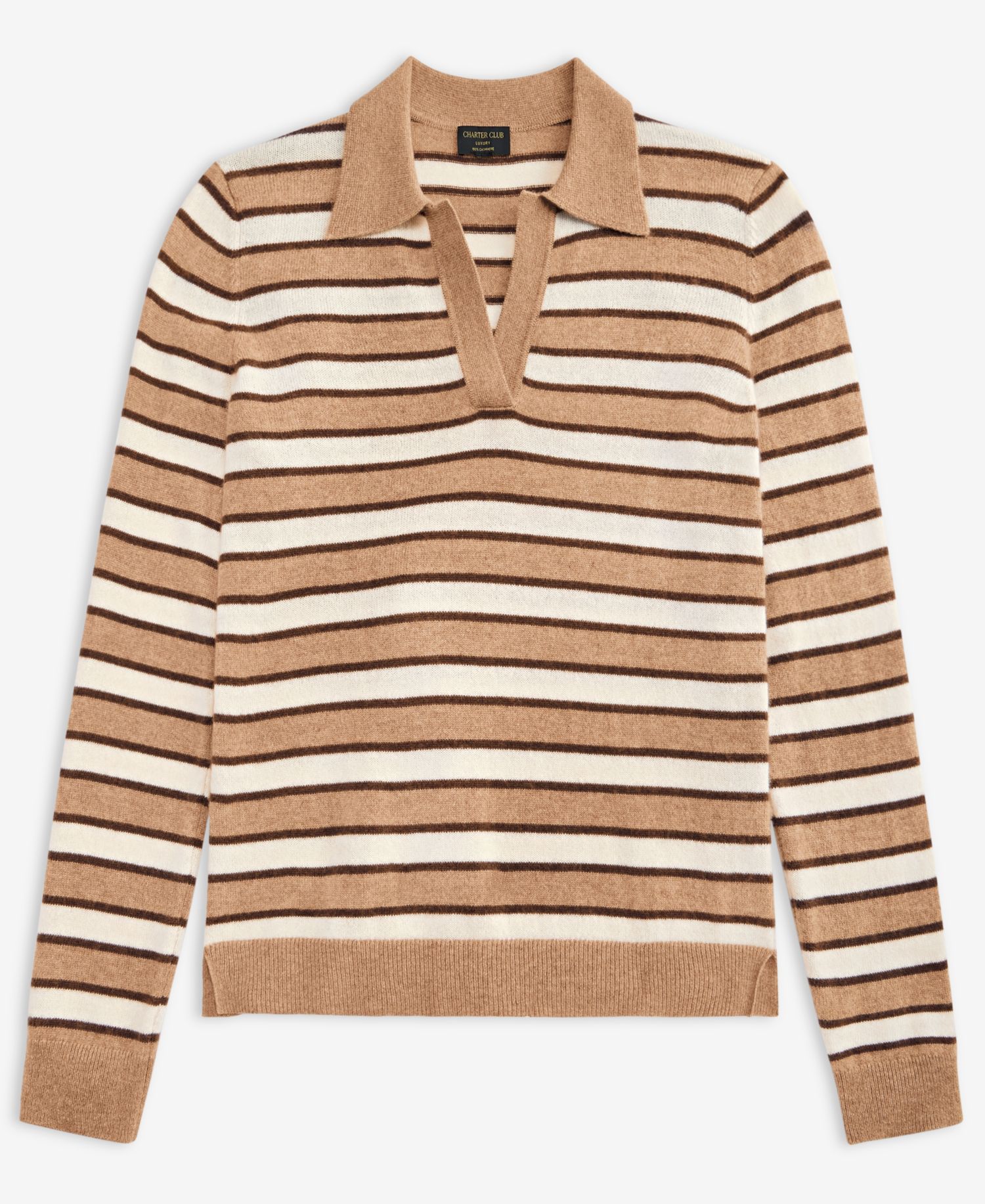 Women's 100% Cashmere Striped Collared V-Neck Sweater