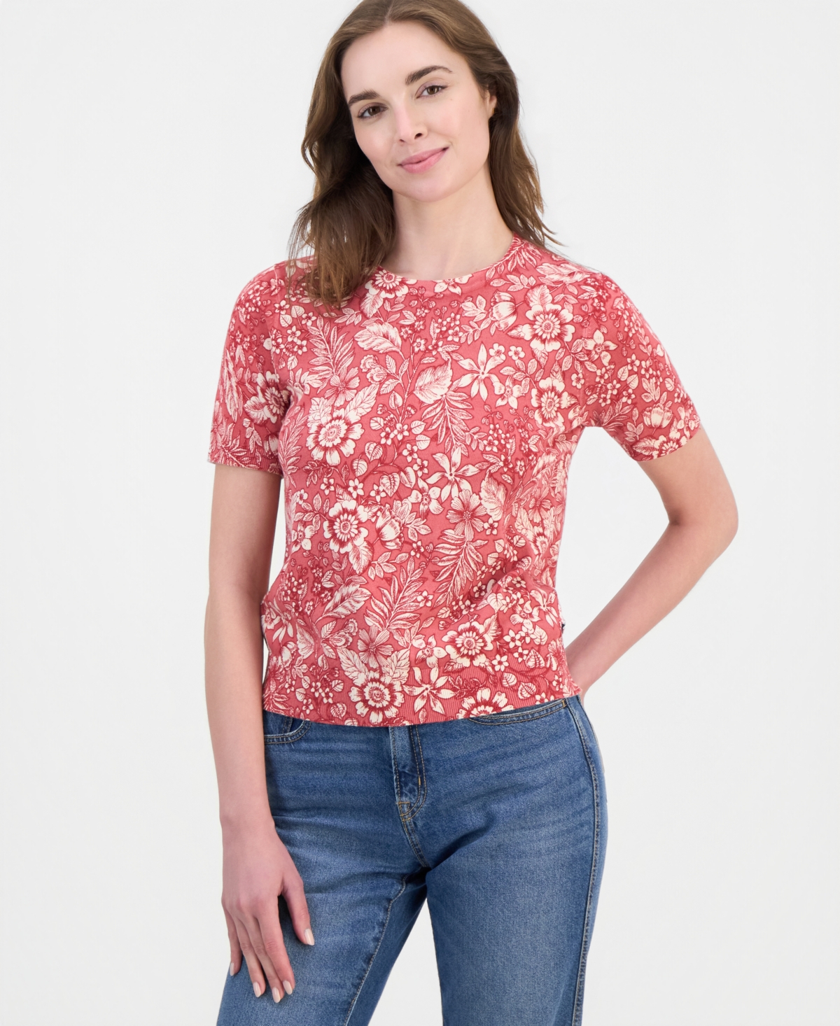 Nautica Women's Cotton Short-Sleeve Floral Sweater