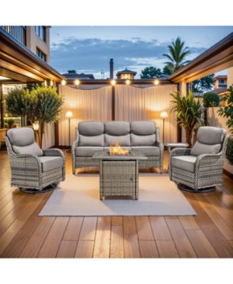Patio Furniture Set with 6-inch Thick Cushion, Outdoor Furniture with Fire Pit, Swivel Chairs, 5pices Wicker Conversation Set