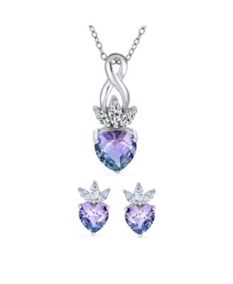 Mystic Purple Blue Heart Shaped CZ Infinity Pendant Necklace and Earrings Set .925 Sterling Silver