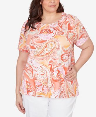 Plus Size Paisley Beaded Neck Pleated T-Shirt