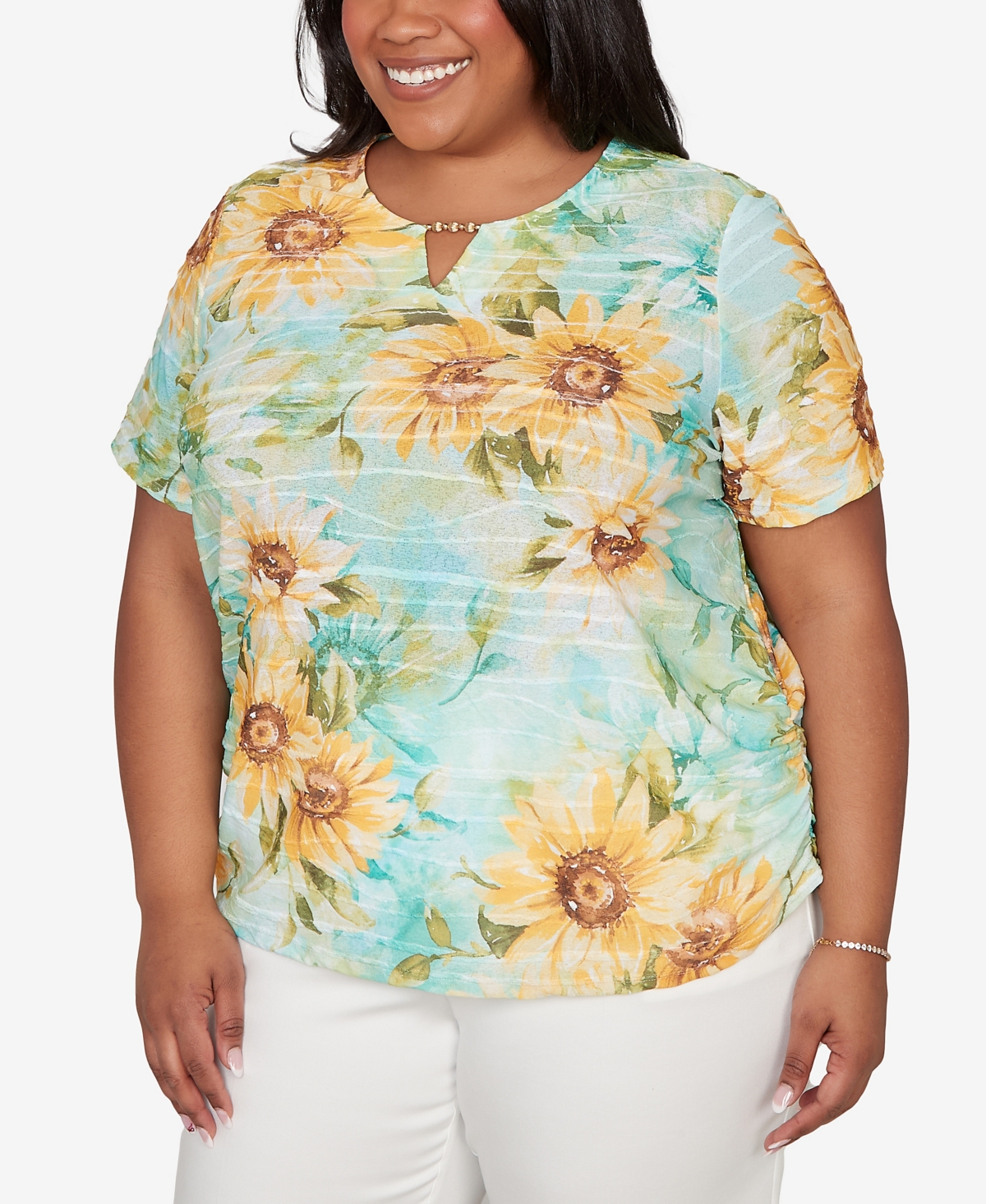 Alfred Dunner Plus Sunflower Split Neck Side Ruched T-Shirt