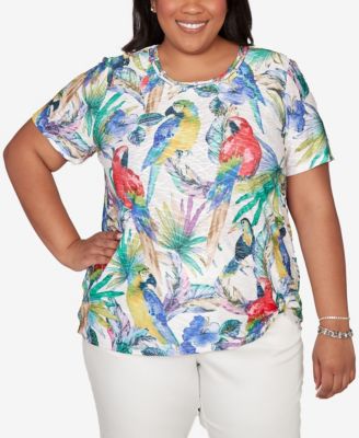 Plus Size Parrot Tropical Beaded Neck T-Shirt