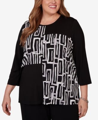 Plus Size Spliced Geometric Puff Print Top