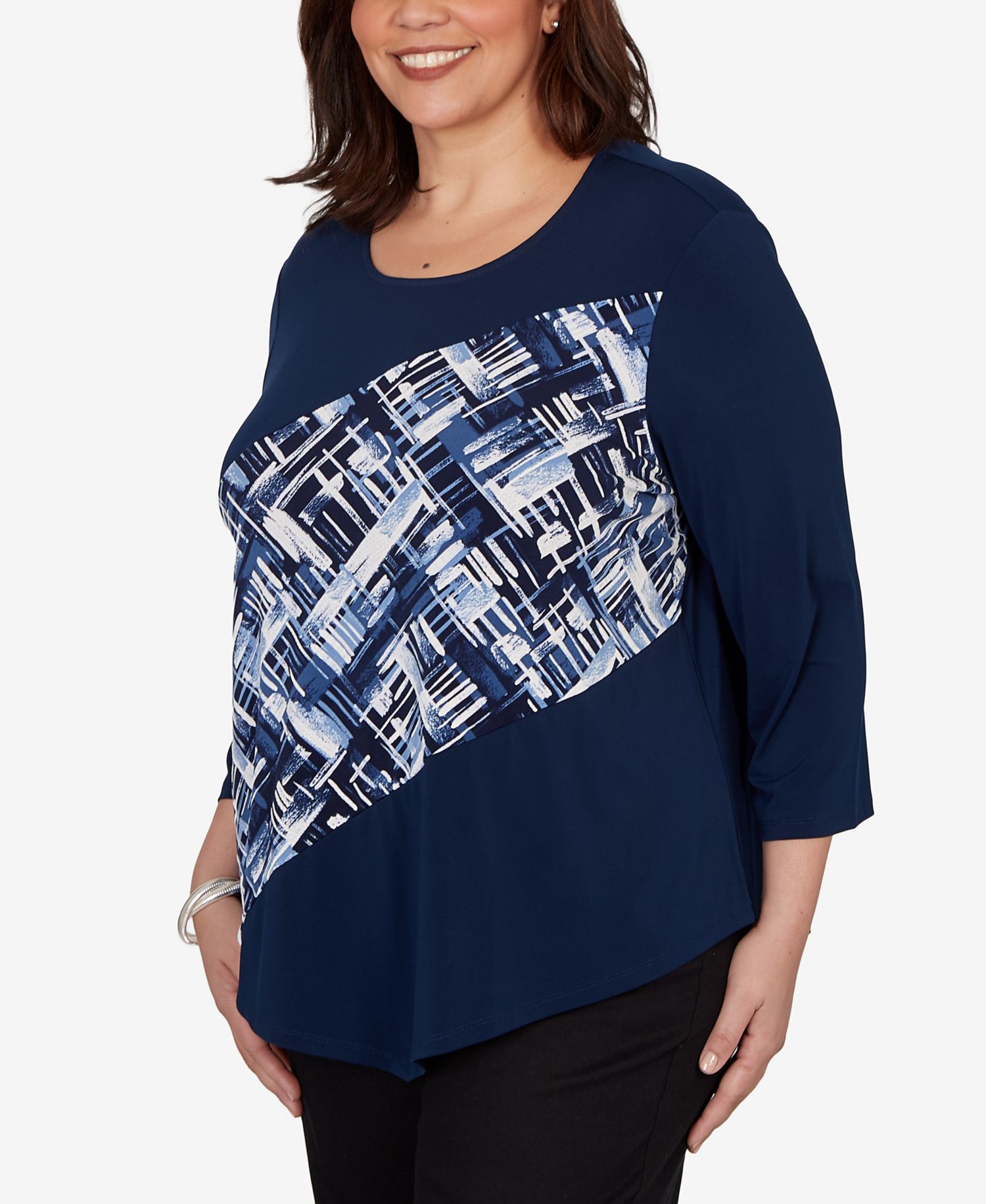 Plus Size Etched Plaid Diagonal Puff Printed Top