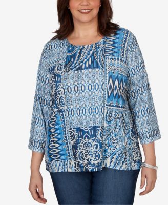 Plus Size Medallion Navy Patchwork Knit Top