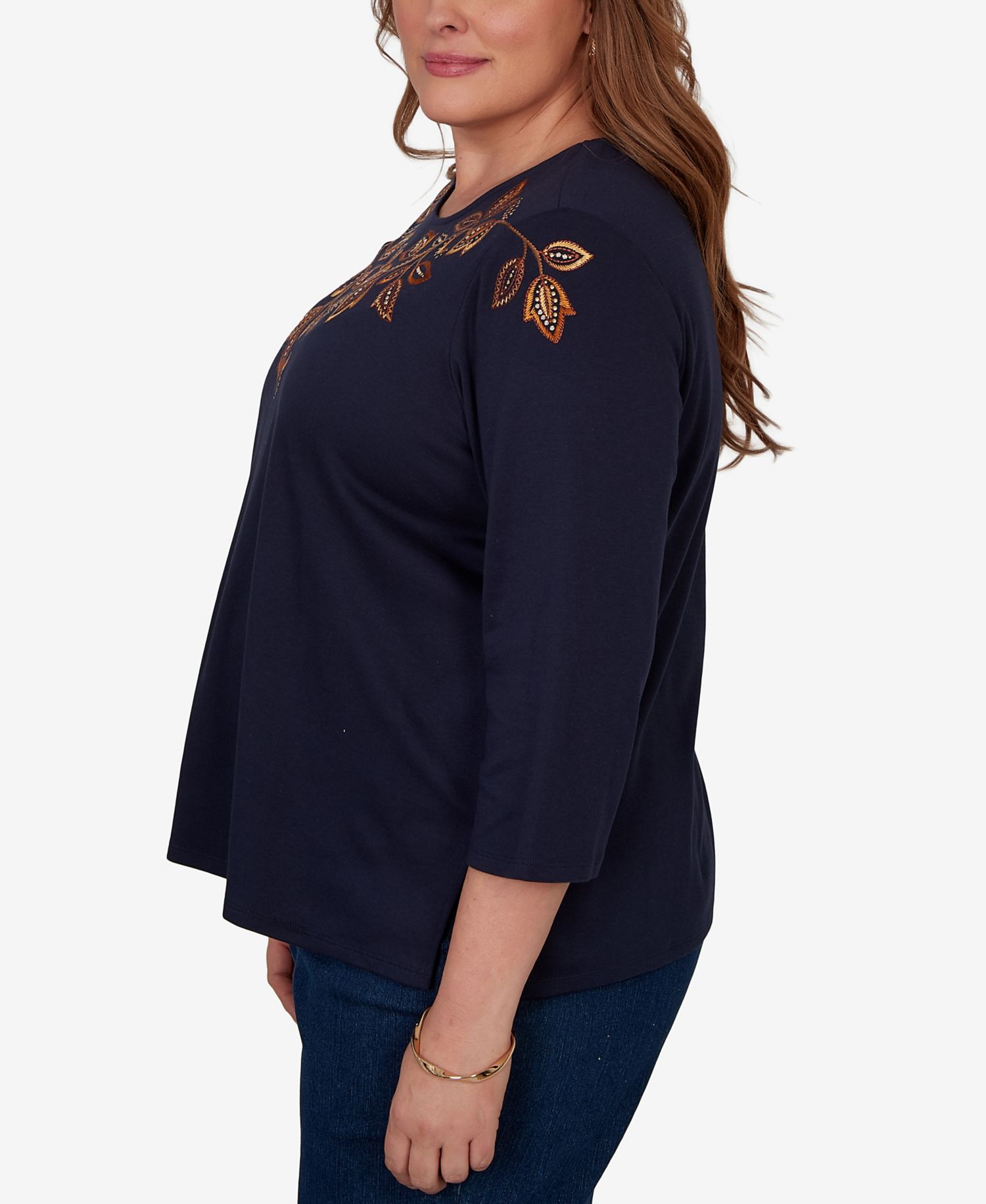 Plus Size Autumn Embroidered Navy Knit Top