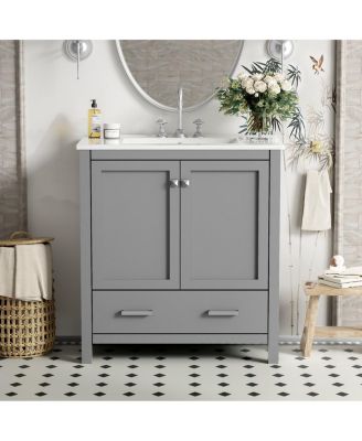30" Modern Solid Wood MDF Vanity With Ceramic Sink, 2 Doors And 1 Drawer Soft-Close, Cabinet Sink